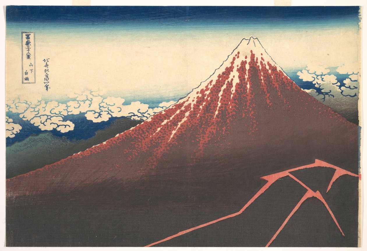 Bouře pod horou Fudži (Sanka no haku u), ze série Třicet šest pohledů na horu Fudži (Fugaku sanjūrokkei) od Katsushika Hokusai
