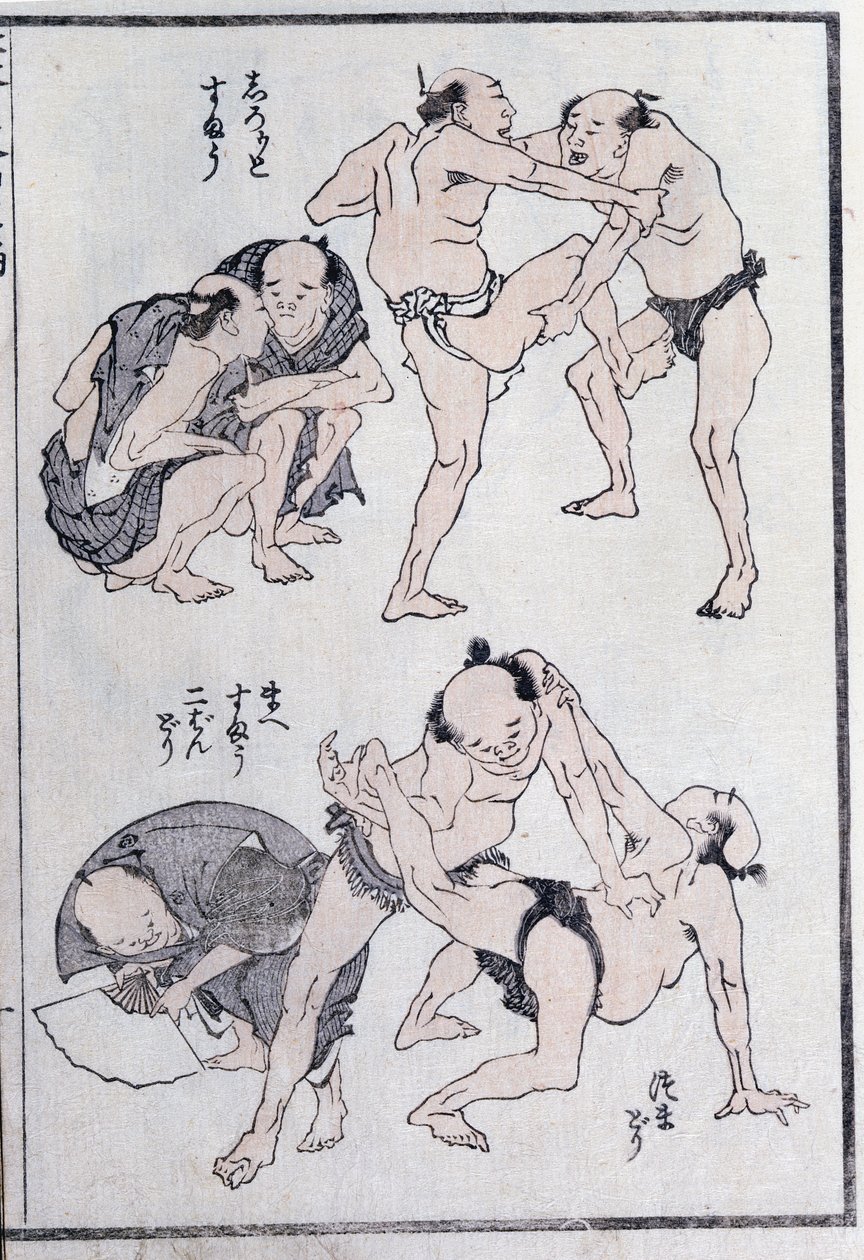 Studie gest a postojů zápasníků z mangy (barevný dřevořez) od Katsushika Hokusai