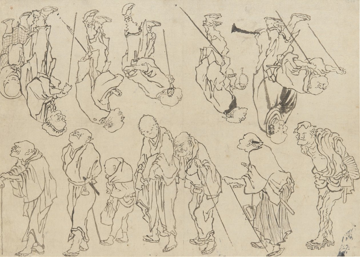 Studie chromých poutníků, období Edo (inkoust na papíře) od Katsushika Hokusai