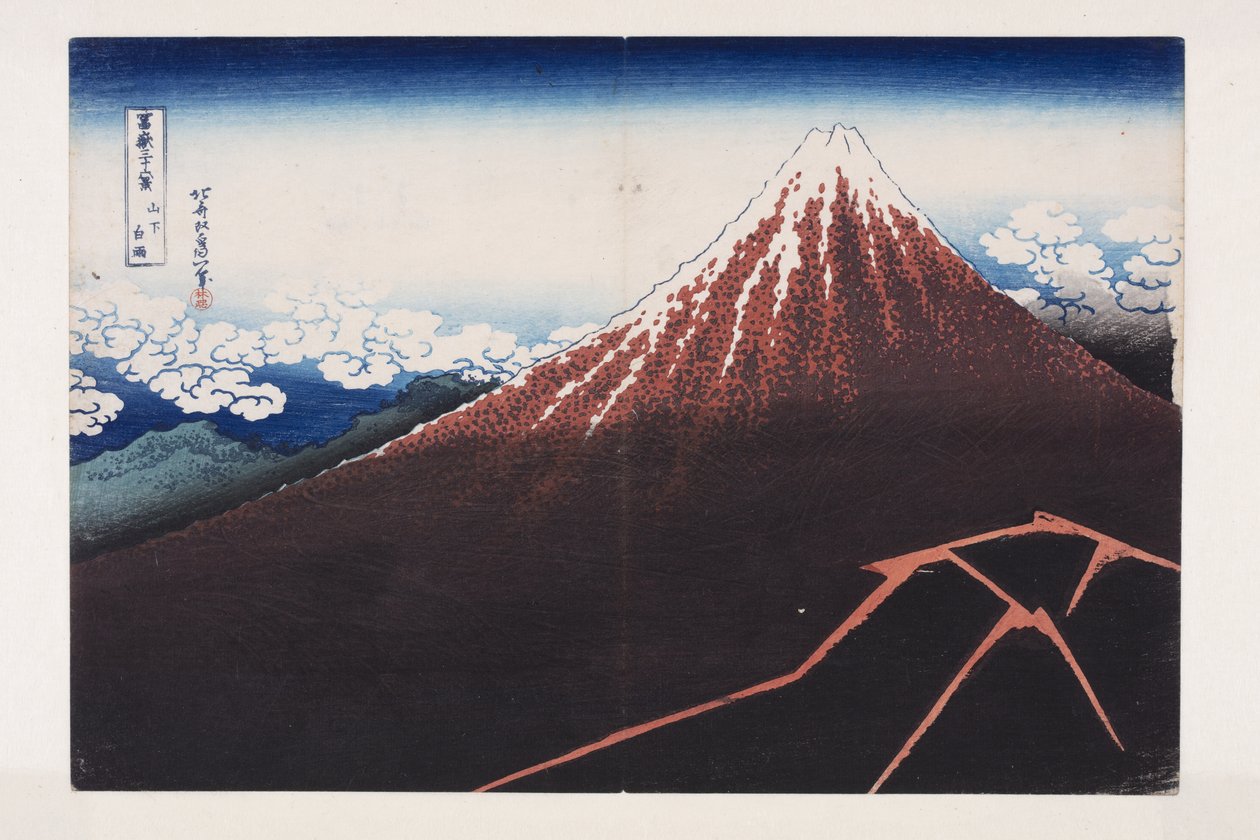 Náhlá sprcha pod vrcholem (Sanka hakuu) (barevný dřevotisk) od Katsushika Hokusai