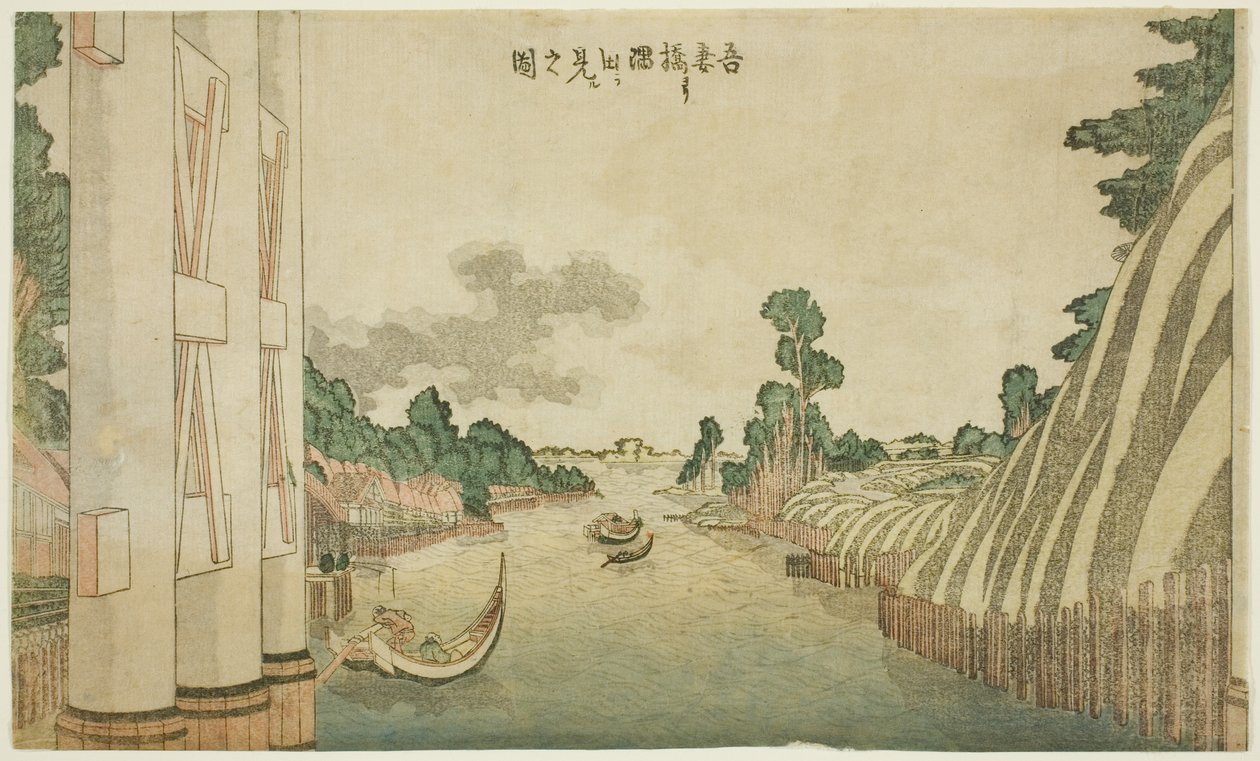 Řeka Sumida při pohledu z mostu Azuma (Azumabashi yori Sumida wo miru no zu), ze skupiny krajin západního stylu od Katsushika Hokusai