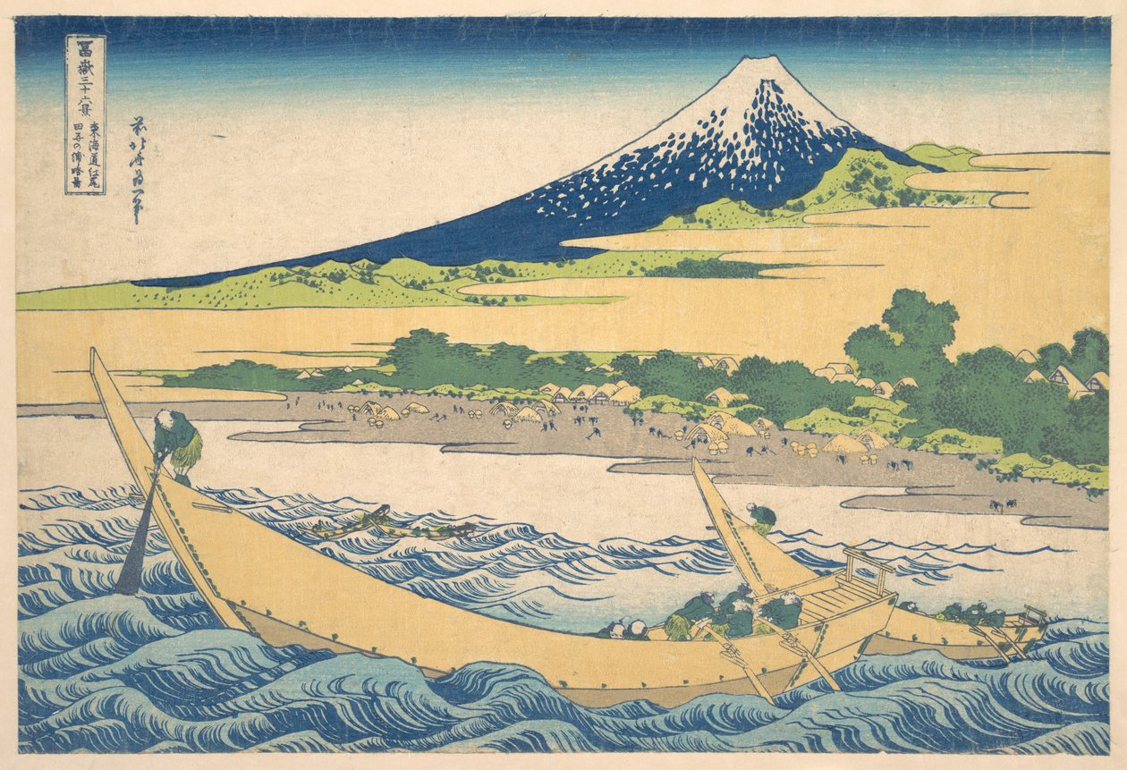 Zátoka Tago u Ejiri na cestě Tōkaidō (Tōkaidō Ejiri Tago no ura ryaku zu), ze série „Třicet šest pohledů na horu Fuji“ (Fugaku sanjūrokkei) od Katsushika Hokusai