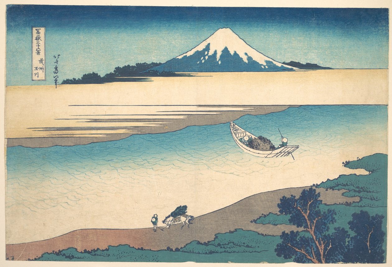 Řeka Tama v provincii Musashi (Bushū Tamagawa), ze série „Třicet šest pohledů na horu Fuji“ (Fugaku sanjūrokkei) od Katsushika Hokusai