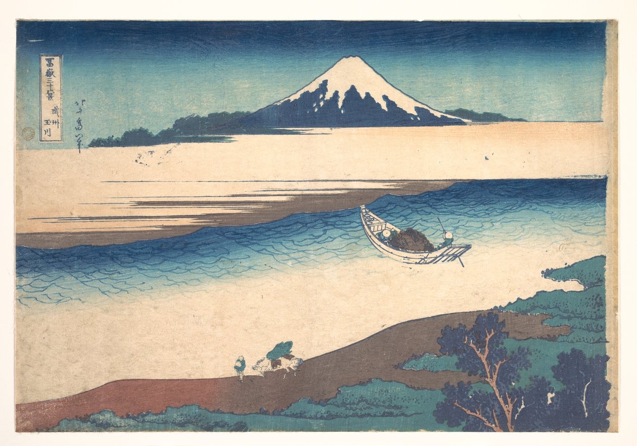 Řeka Tama v provincii Musashi (Bushū Tamagawa), ze série „Třicet šest pohledů na horu Fuji“ (Fugaku sanjūrokkei) od Katsushika Hokusai