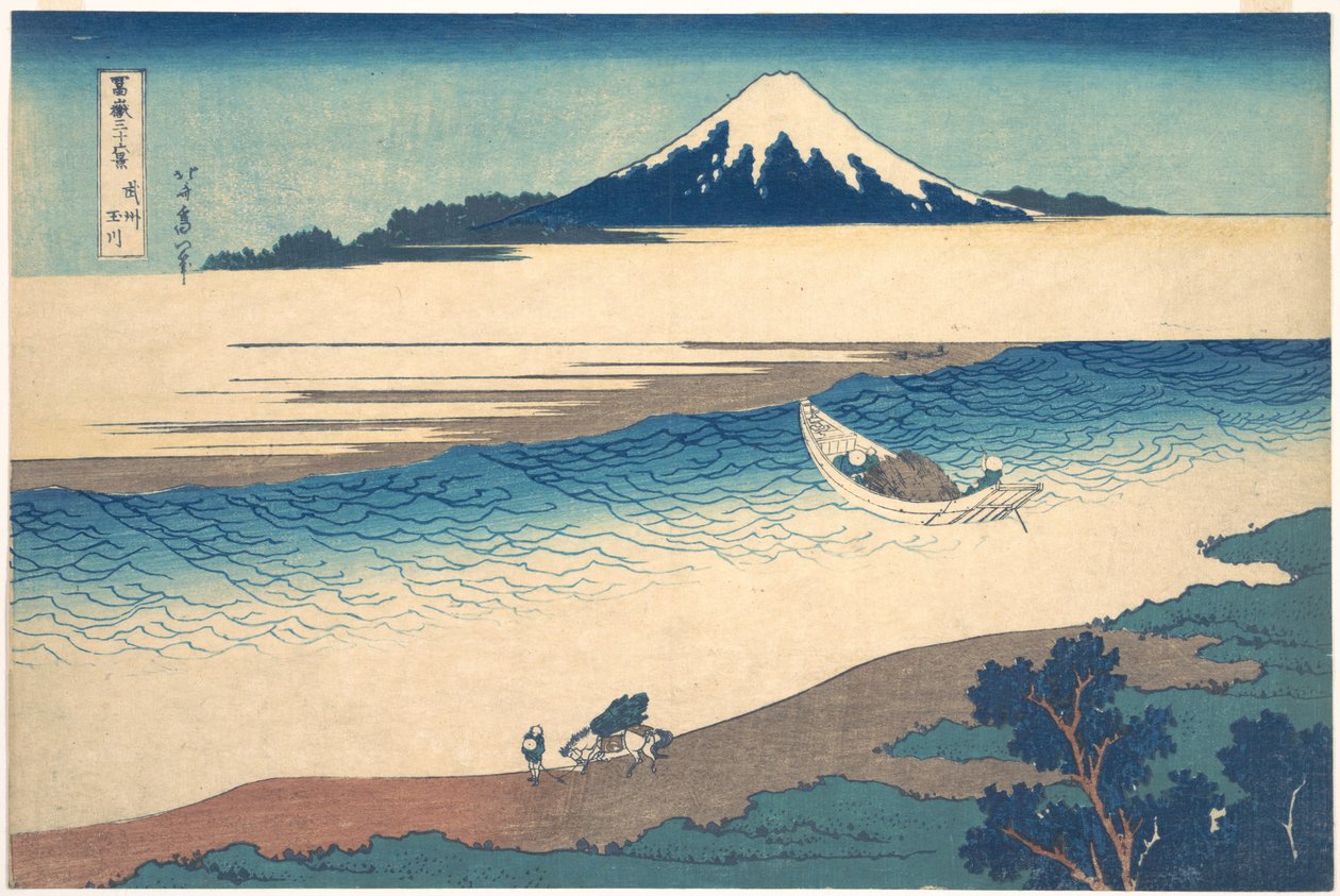 Řeka Tama v provincii Musashi (Bushū Tamagawa), ze série „Třicet šest pohledů na horu Fuji“ (Fugaku sanjūrokkei) od Katsushika Hokusai