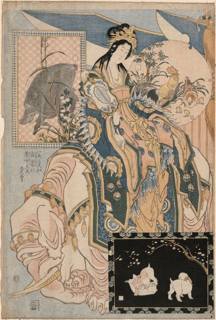 Dáma z dynastie Tang na bílém slonovi, ze série „Obří slámová díla pro atrakci v zábavním parku“ od Katsushika Hokusai