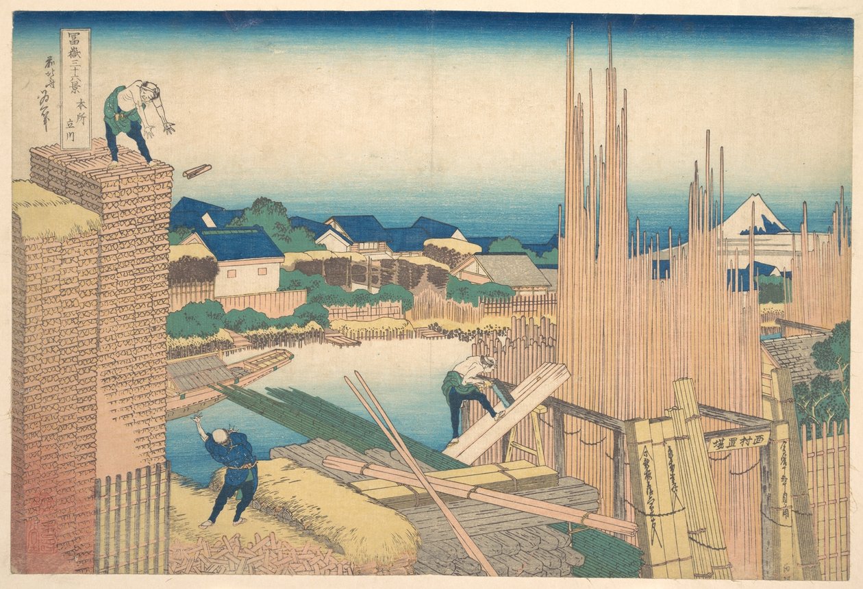 Tatekawa v Honjō (Honjō Tatekawa), ze série „Třicet šest pohledů na horu Fuji“ (Fugaku sanjūrokkei) od Katsushika Hokusai