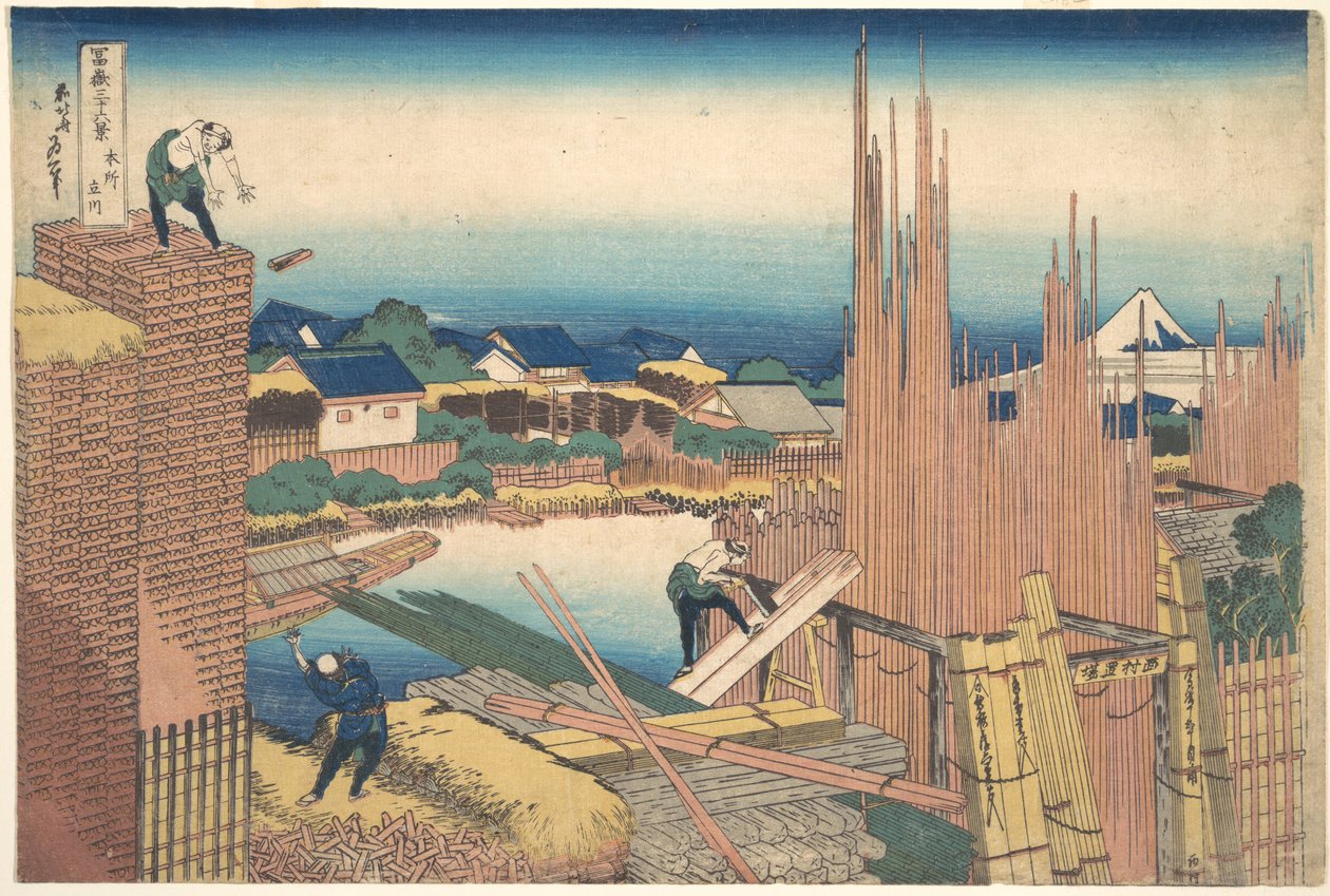 Tatekawa v Honjō (Honjō Tatekawa), ze série „Třicet šest pohledů na horu Fuji“ (Fugaku sanjūrokkei) od Katsushika Hokusai