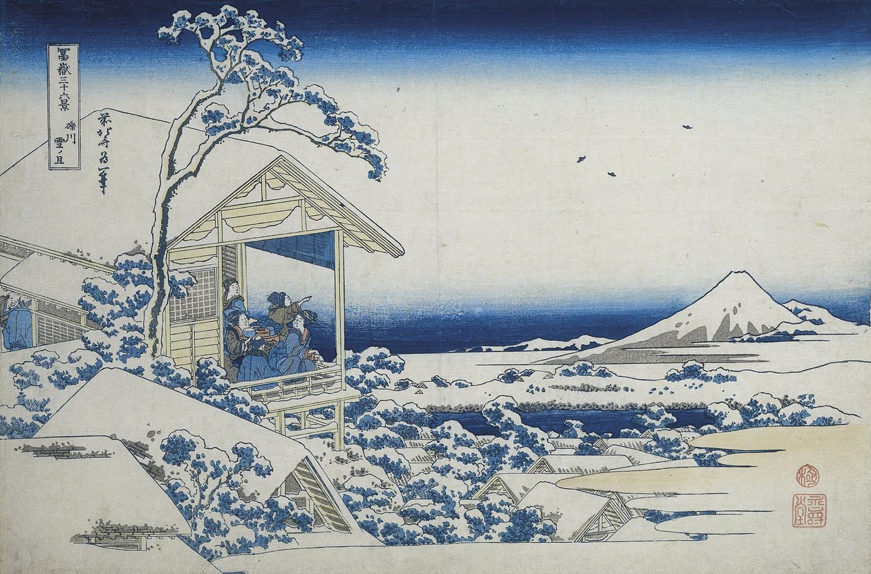 Čajovna v Koishikawa, ráno po sněžení, kolem 1830 (dřevěný tisk) od Katsushika Hokusai