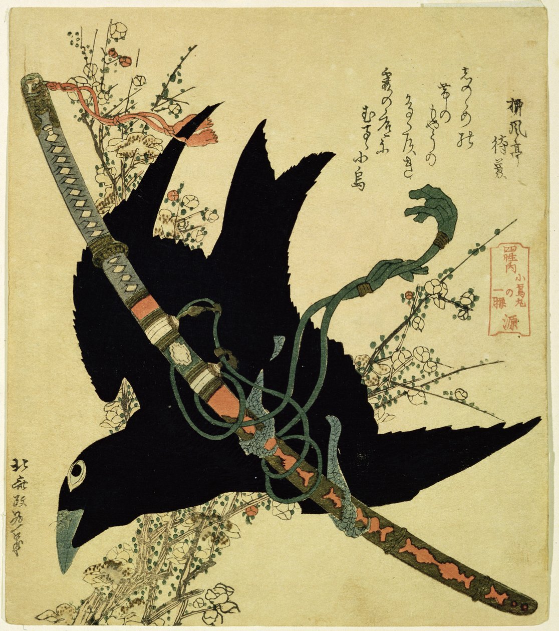 Malý havran s mečem klanu Minamoto, asi 1823 (barevný dřevoryt) od Katsushika Hokusai