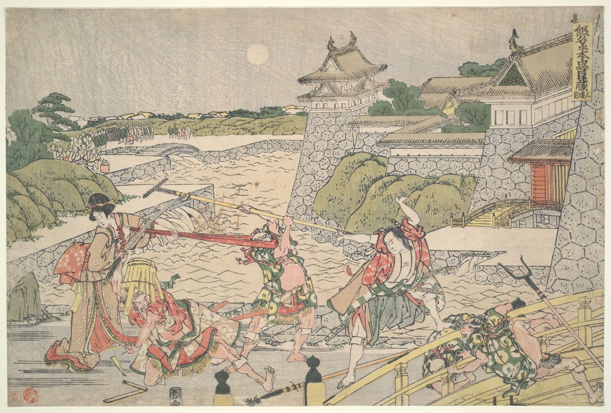Věrná liga čtyřiceti sedmi róninů (Čúshingura),  3. jednání: Kampei je napaden Bannaiem a jeho muži od Katsushika Hokusai