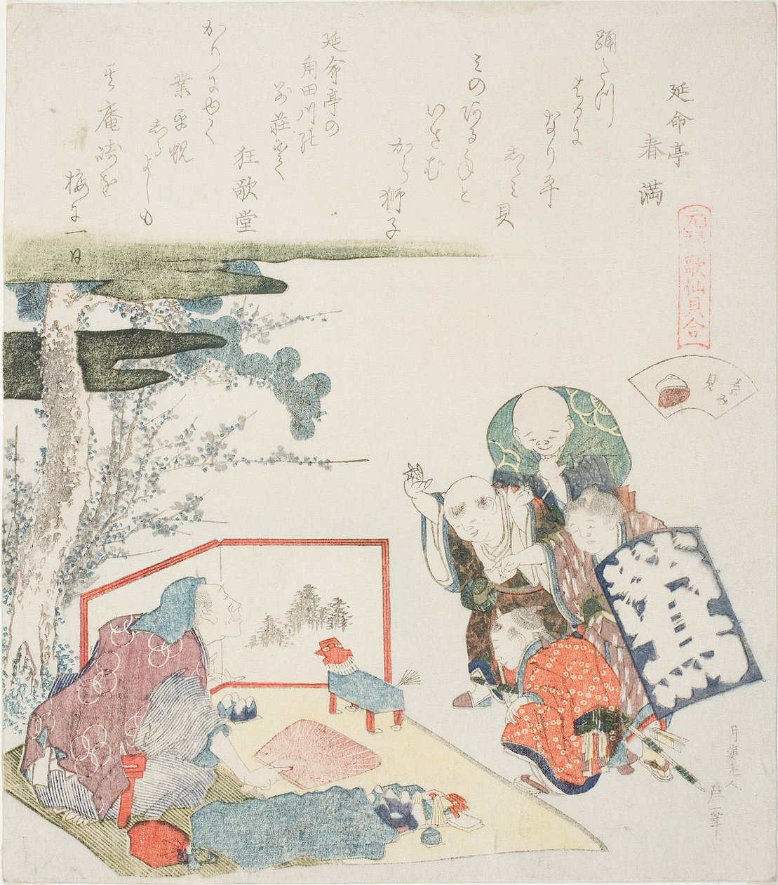Prodejce hraček, ilustrace pro sladkovodní škeble (Shijimigai), ze série "Hra s básněmi z období Genroku (Genroku kasen kai awase)" od Katsushika Hokusai