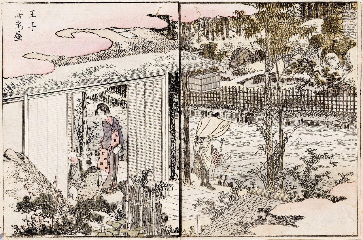 Restaurace Ebiya v Oji. Ze seriálu Pleasures in the Eastern Capital, 1802. od Katsushika Hokusai