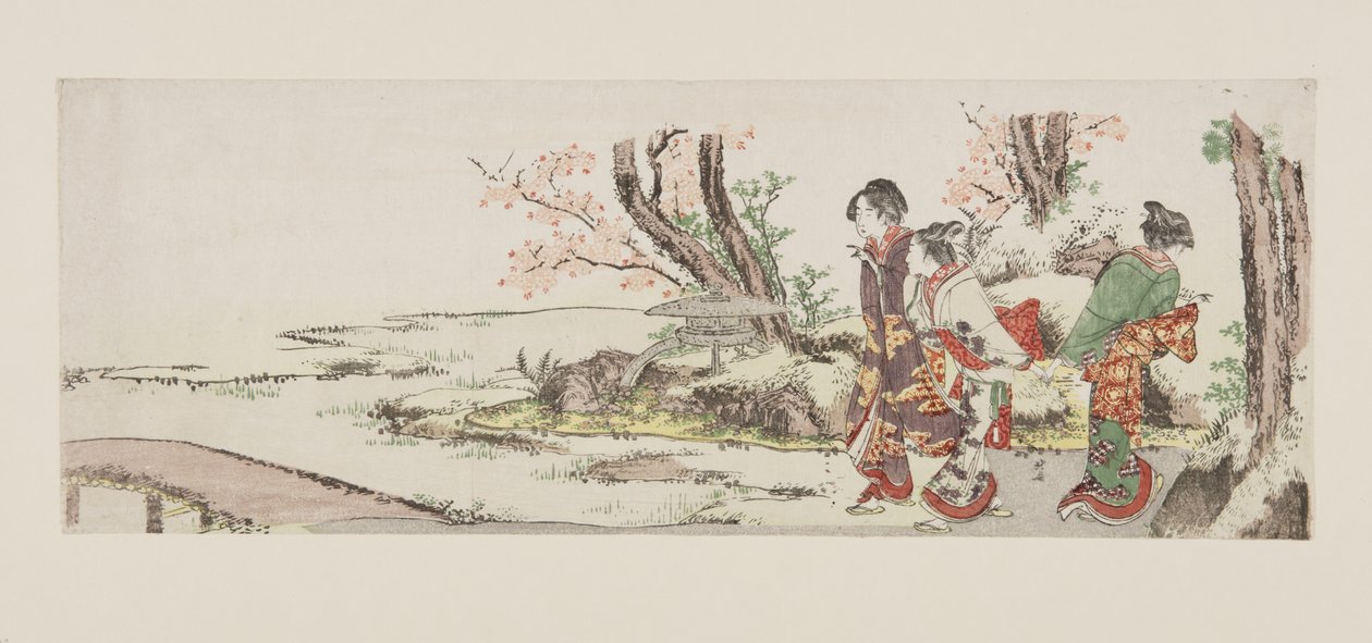 Tři ženy si prohlížejí třešňový květ (barevný dřevotisk) od Katsushika Hokusai