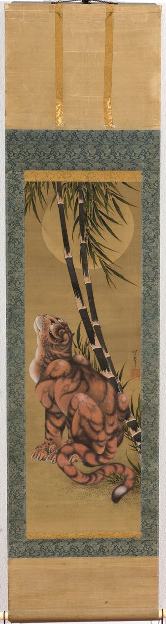 Tygr mezi bambusy při pohledu na úplněk od Katsushika Hokusai