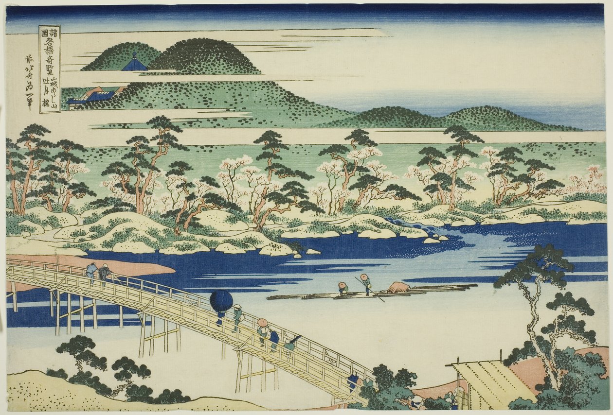 Most Togetsu v Arashiyama v provincii Yamashiro (Yamashiro Arashiyama no Togetsukyo), ze série „Neobvyklé pohledy na slavné mosty v různých provinciích (Shokoku meikyo kiran)“ od Katsushika Hokusai