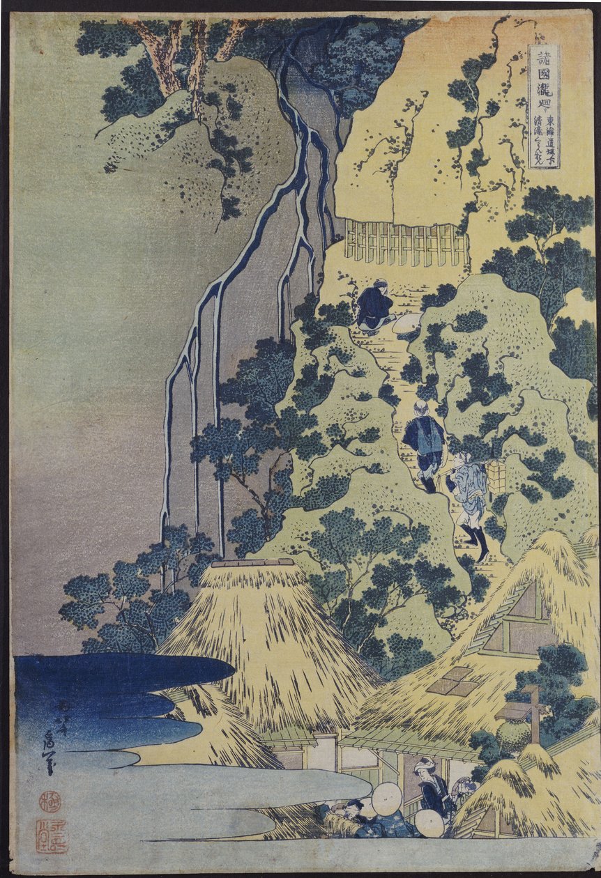 Cestovatelé šplhající do strmého kopce, aby vzdali hold svatyni kannonu v jeskyni u vodopádu od Katsushika Hokusai