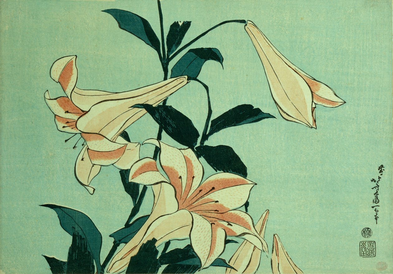 Trumpet Lilies (barevný dřevořez) od Katsushika Hokusai
