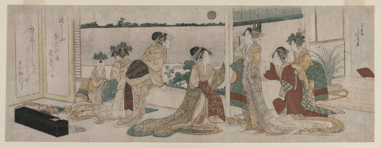 Tsukasa a další kurtizány z Ogiya sledují podzimní měsíc stoupající nad rýžovými poli z balkónu v Yoshiwara od Katsushika Hokusai