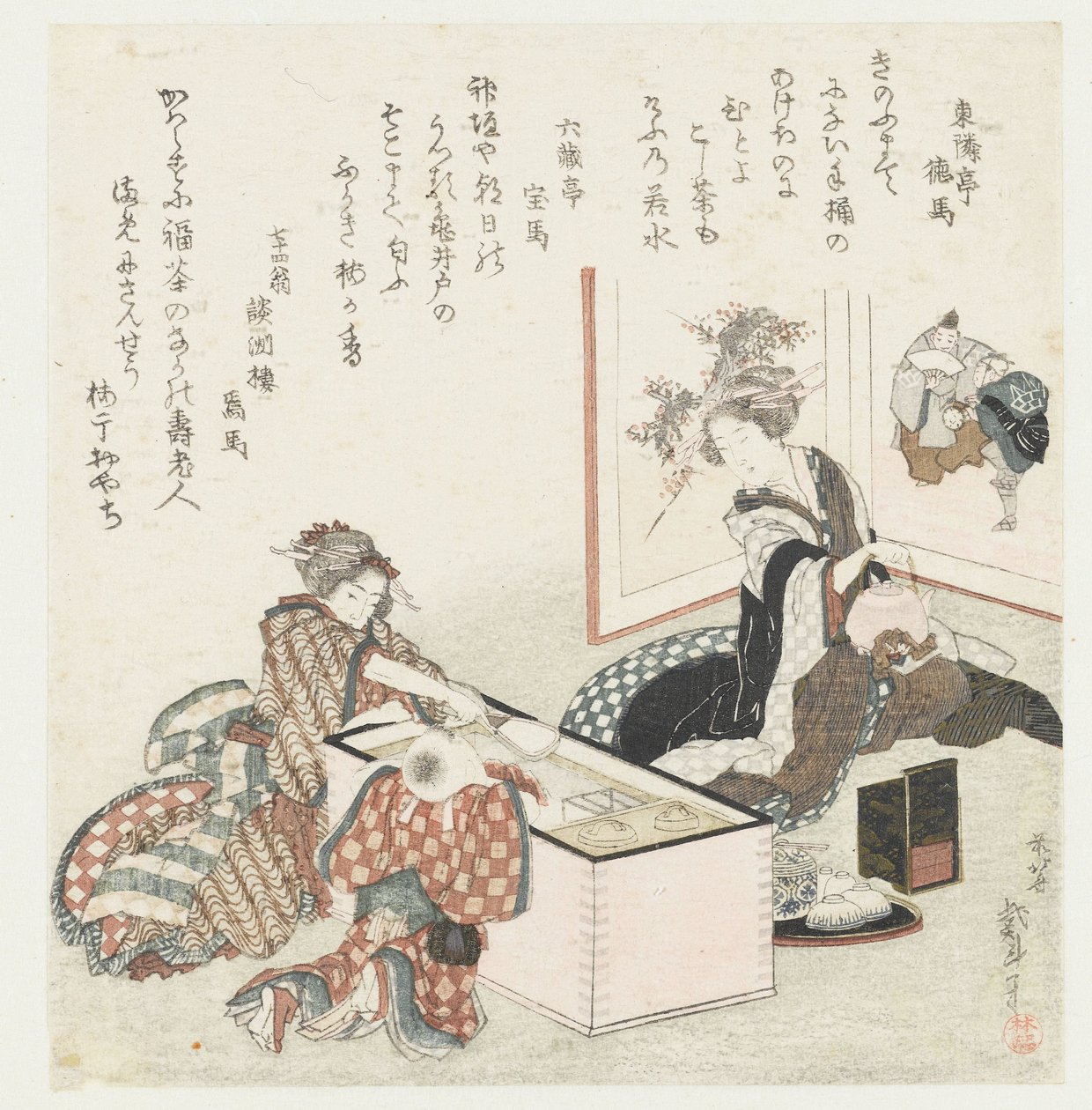 Dvě ženy a chlapec u misky na tření od Katsushika Hokusai