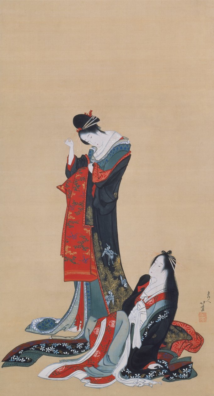 Dvě kurtizány, období Edo, cca 1805 (inkoust a barva na hedvábí) od Katsushika Hokusai