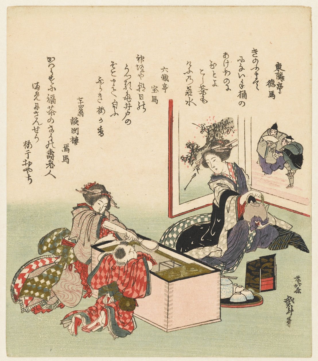 Dvě ženy a chlapec sedící u grilu od Katsushika Hokusai