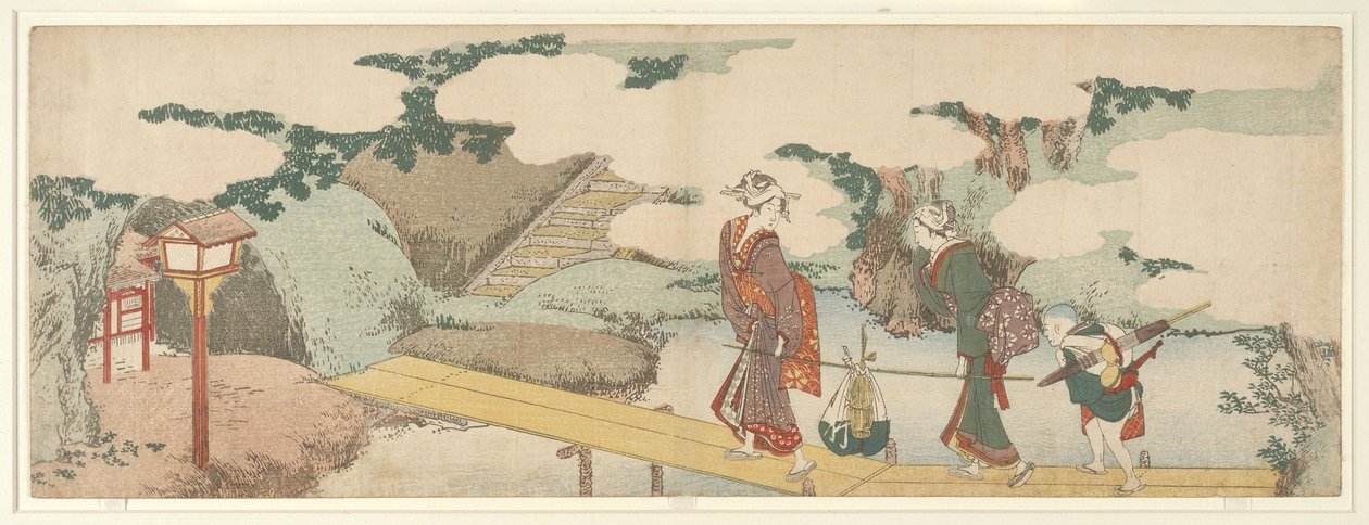 Dvě ženy a chlapec na promenádě od Katsushika Hokusai