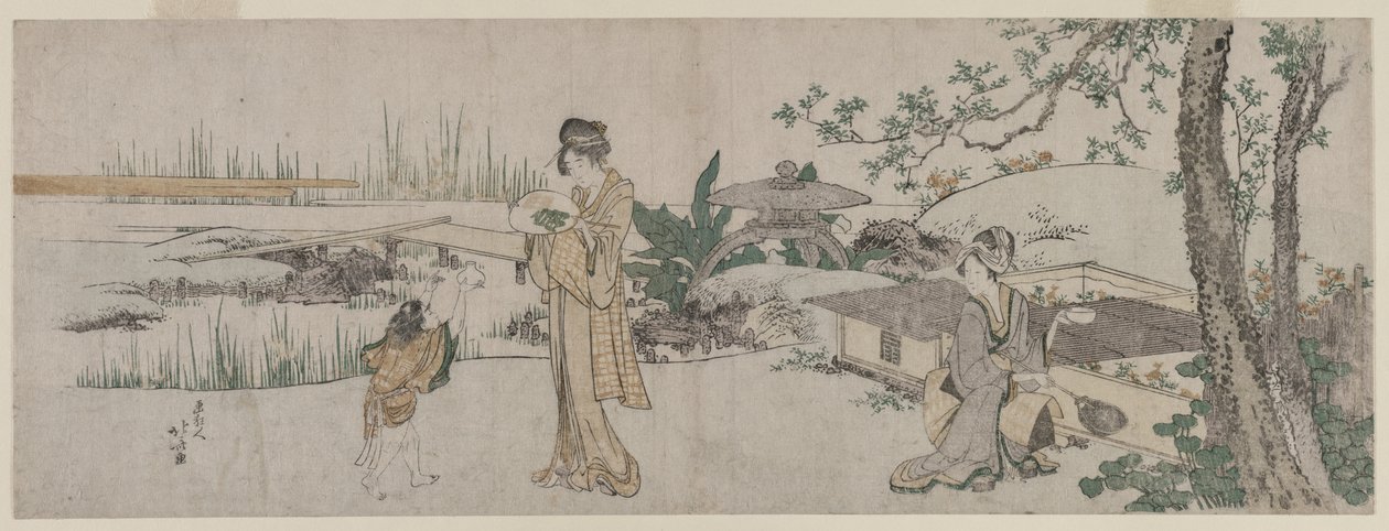 Dvě ženy a dítě vedle nádrže na zlaté rybky od Katsushika Hokusai