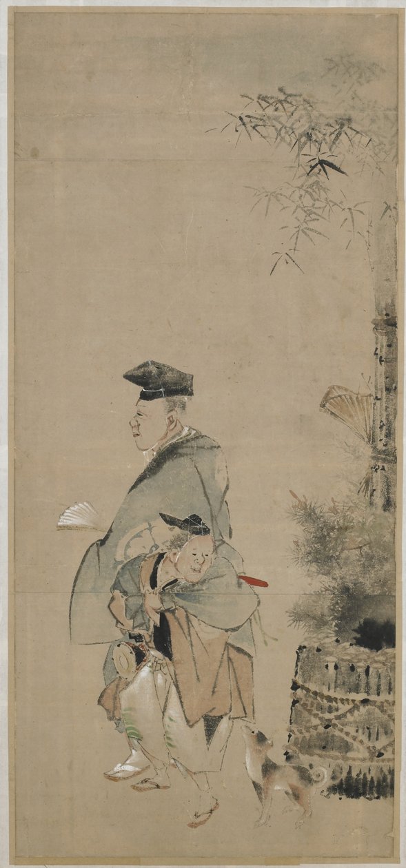 Dva baviči na procházce na Nový rok, období Edo, cca 1830-32 (inkoust a barva na papíře) od Katsushika Hokusai
