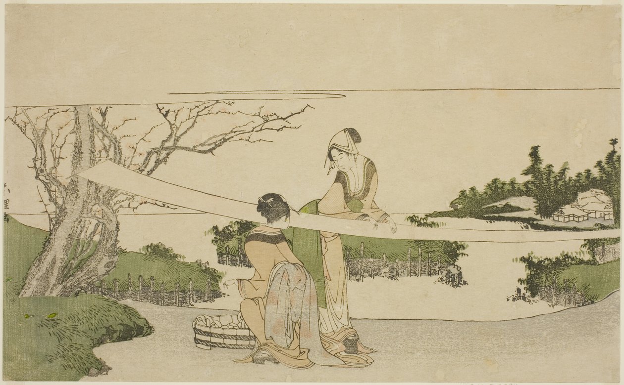 Dvě ženy natahování látky od Katsushika Hokusai
