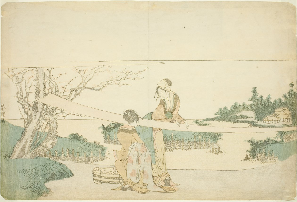 Dvě ženy natahování látky od Katsushika Hokusai