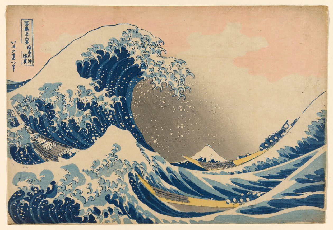Under the Wave off Kanagawa (Kanagawa oki nami ura), také známá jako Velká vlna, ze série „Třicet šest pohledů na horu Fuji (Fugaku sanjurokkei)“ od Katsushika Hokusai