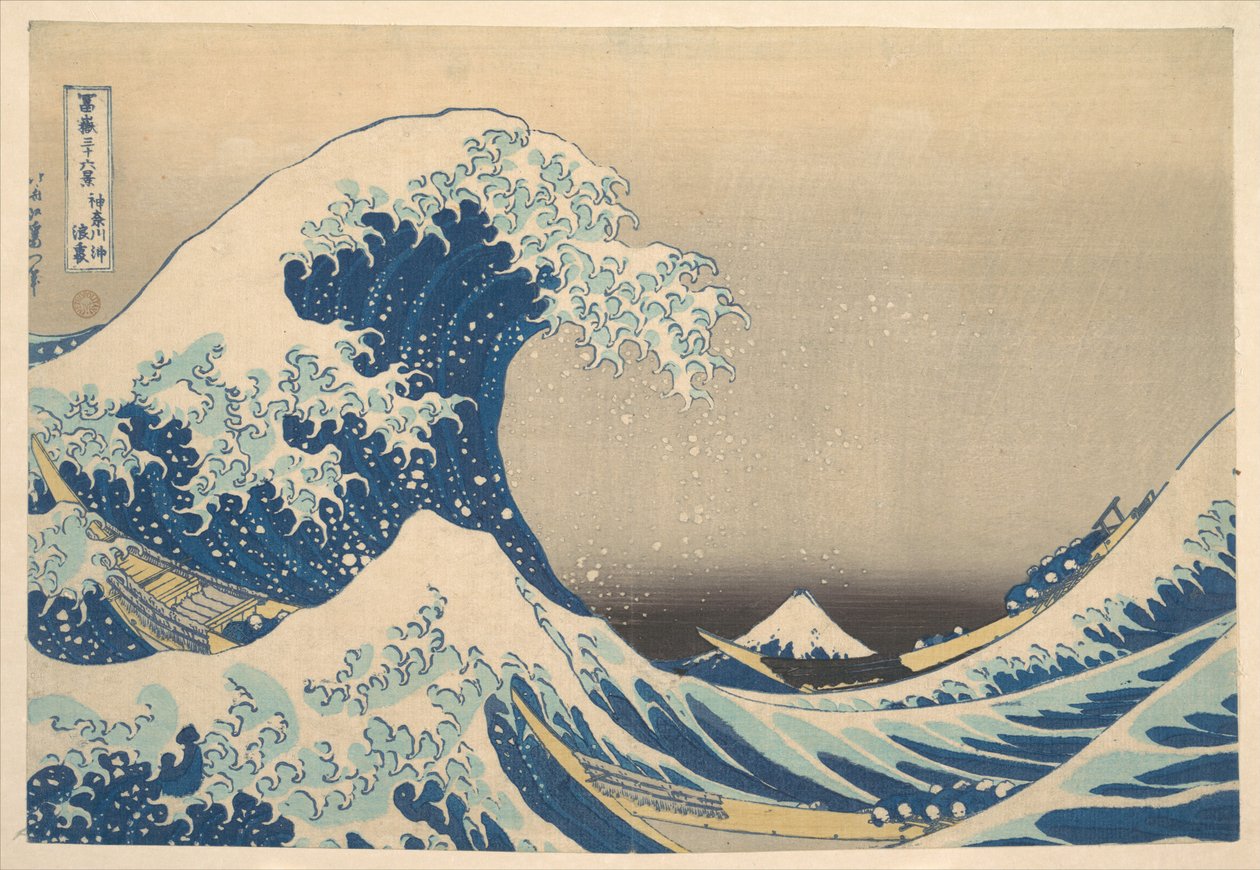Pod vlnou u Kanagawy (Kanagawa oki nami ura), známé také jako Velká vlna, ze série Třicet šest pohledů na horu Fudži (Fugaku sanjūrokkei) od Katsushika Hokusai