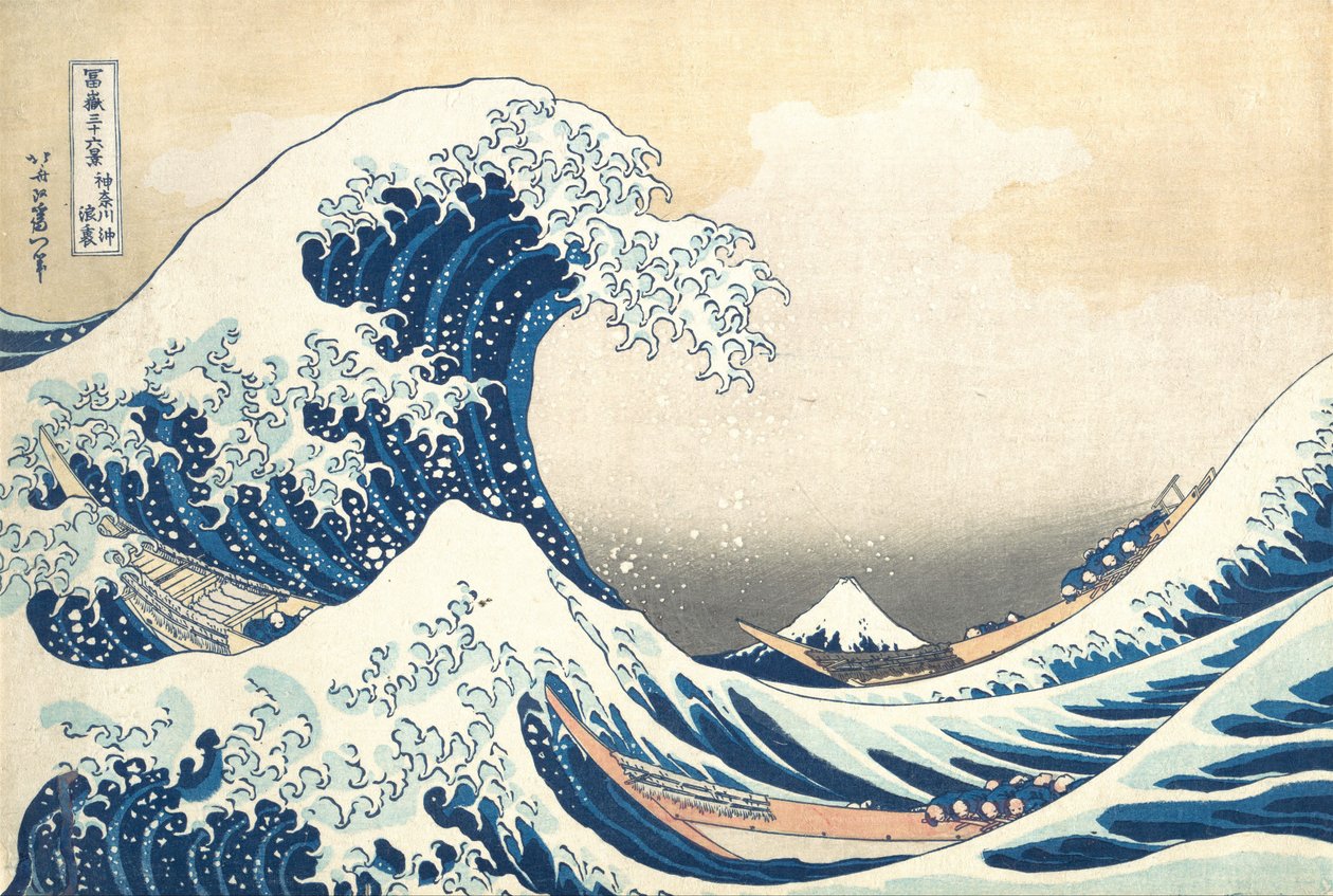 Pod vlnou u Kanagawy (Kanagawa oki nami ura), známé také jako Velká vlna, ze série Třicet šest pohledů na horu Fudži (Fugaku sanjūrokkei) od Katsushika Hokusai