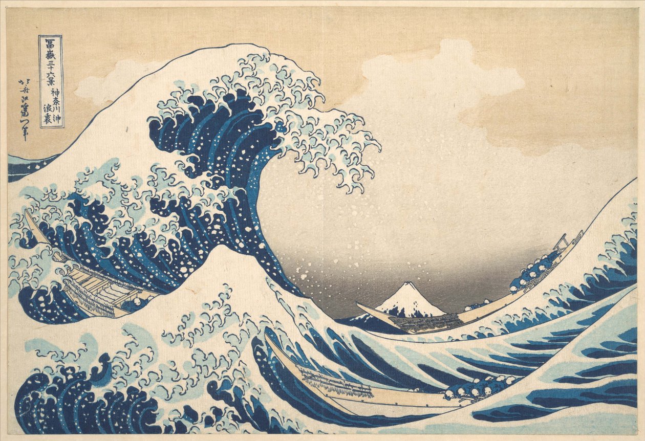 Pod vlnou u Kanagawy (Kanagawa oki nami ura), neboli Velká vlna, ze série Třicet šest pohledů na horu Fudži (Fugaku sanjūrokkei) od Katsushika Hokusai