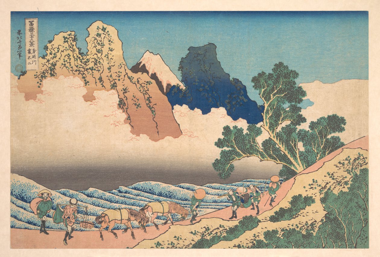 Pohled na horu Fuji z druhé strany od řeky Minobu (Minobugawa ura Fuji), ze série „Třicet šest pohledů na horu Fuji“ (Fugaku sanjūrokkei) od Katsushika Hokusai