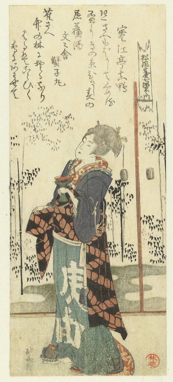 Žena s pohárem rýžového vína Sedm odmítnutí z bambusového háje pro Shôfûdai Poetry Society (název série) Shôfûdai shichiken no uchi (název série na objektu) od Katsushika Hokusai