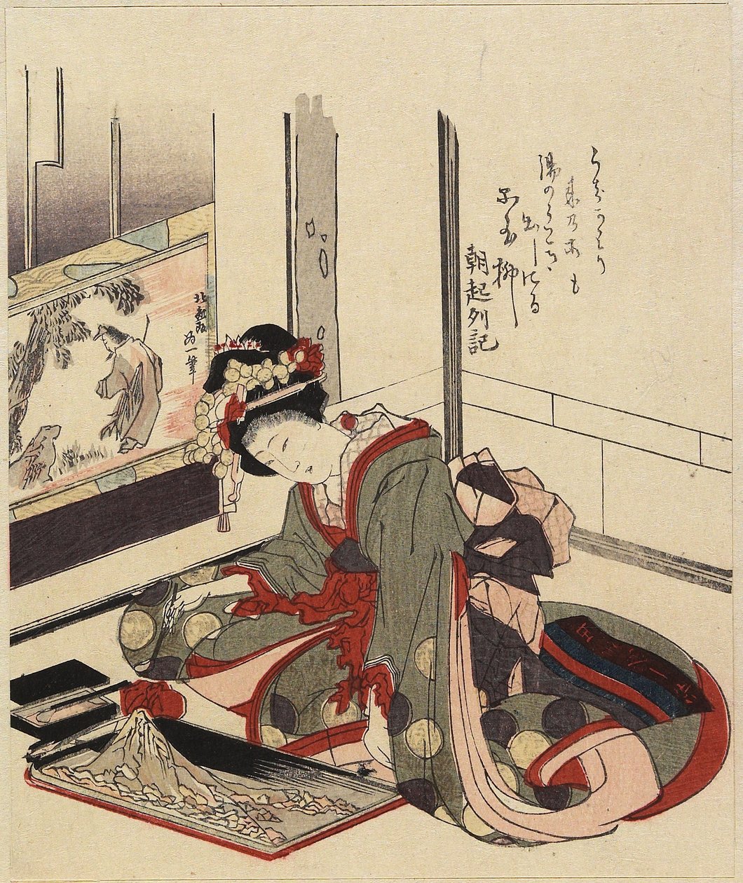 Žena aranžující Bonkei, 1820-1834 od Katsushika Hokusai