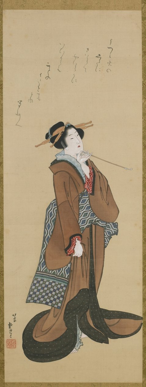 Žena držící tabákovou dýmku, období Edo, cca 1814-15 (inkoust a barva na hedvábí) od Katsushika Hokusai