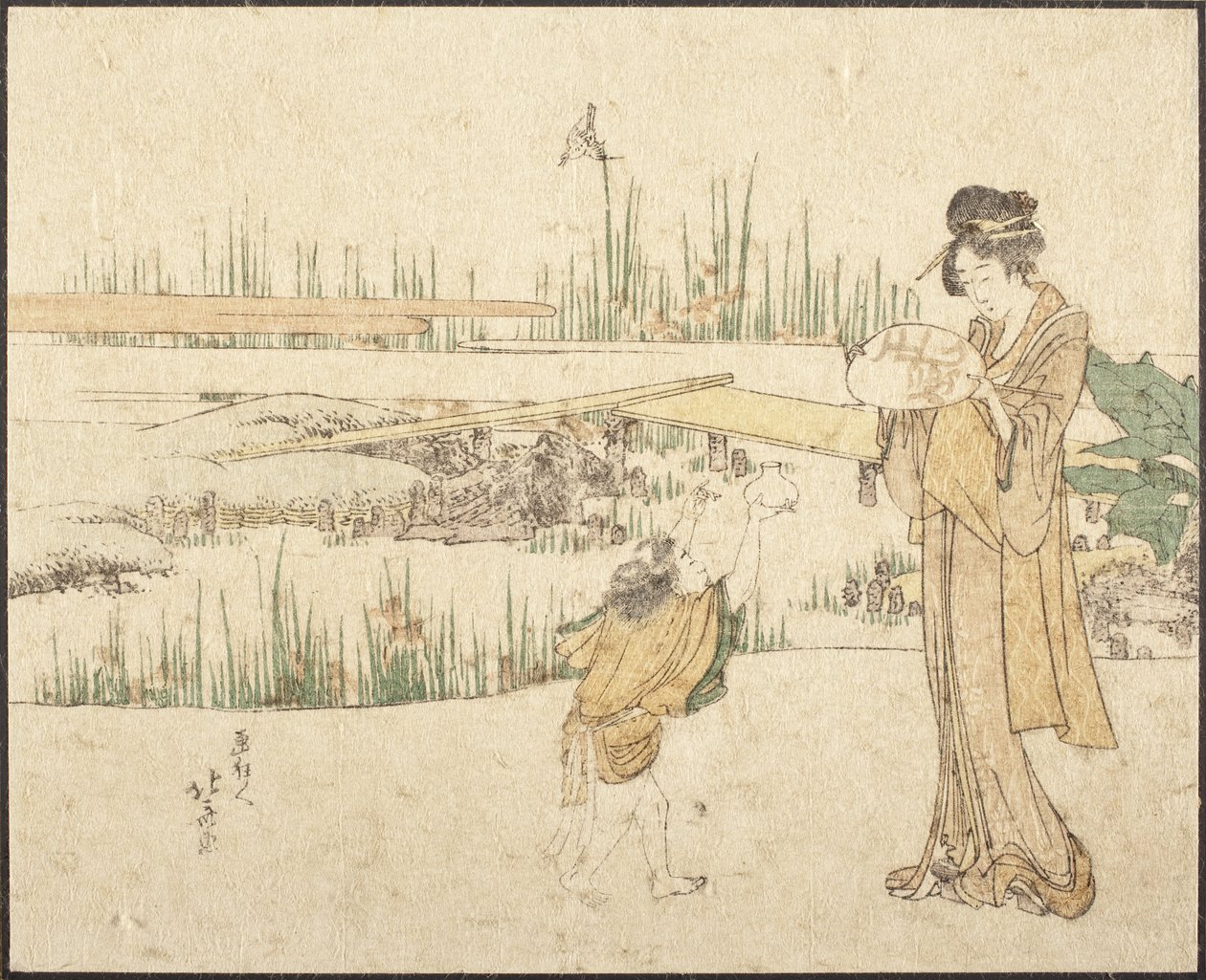 Žena a dítě v zahradě; fragment obrazu „Prodejce zlatých rybek“ od Katsushika Hokusai