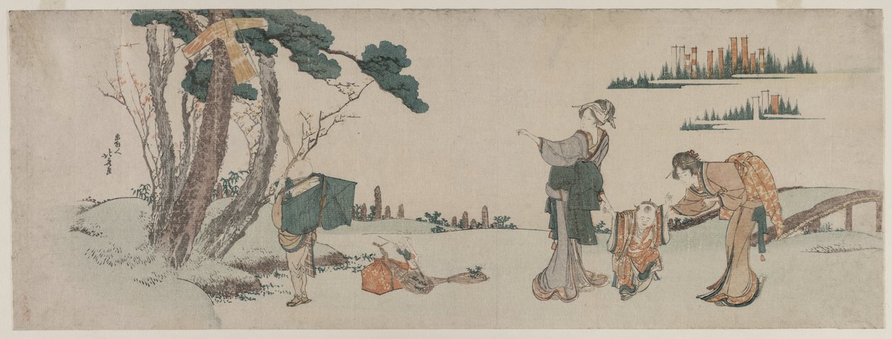 Ženy rozptylující dítě, jehož drak je chycen na stromě od Katsushika Hokusai