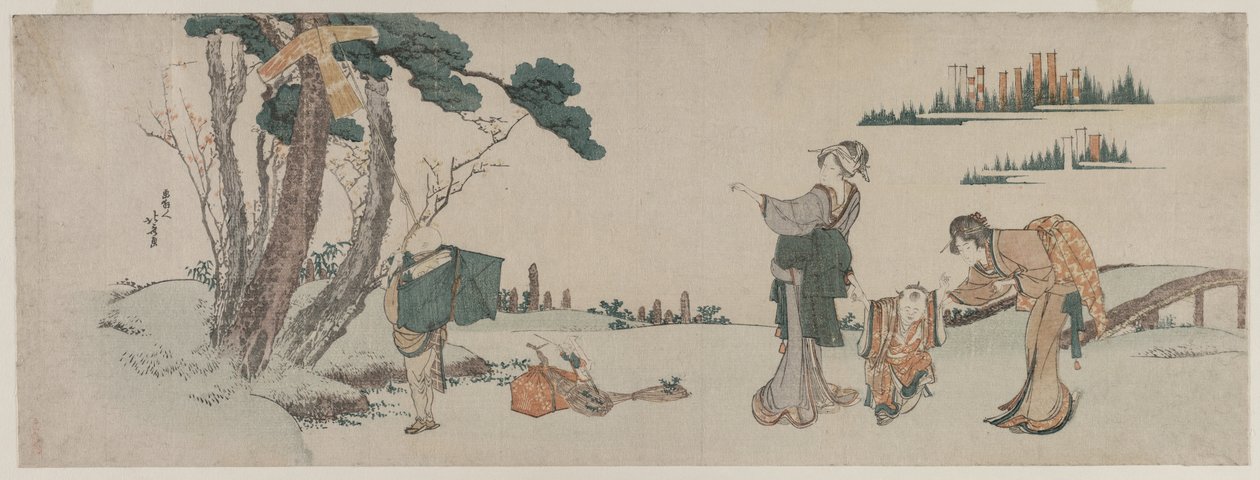 Ženy rozptylující pozornost dítěte, jehož drak je chycen do stromu, c. 1800. od Katsushika Hokusai