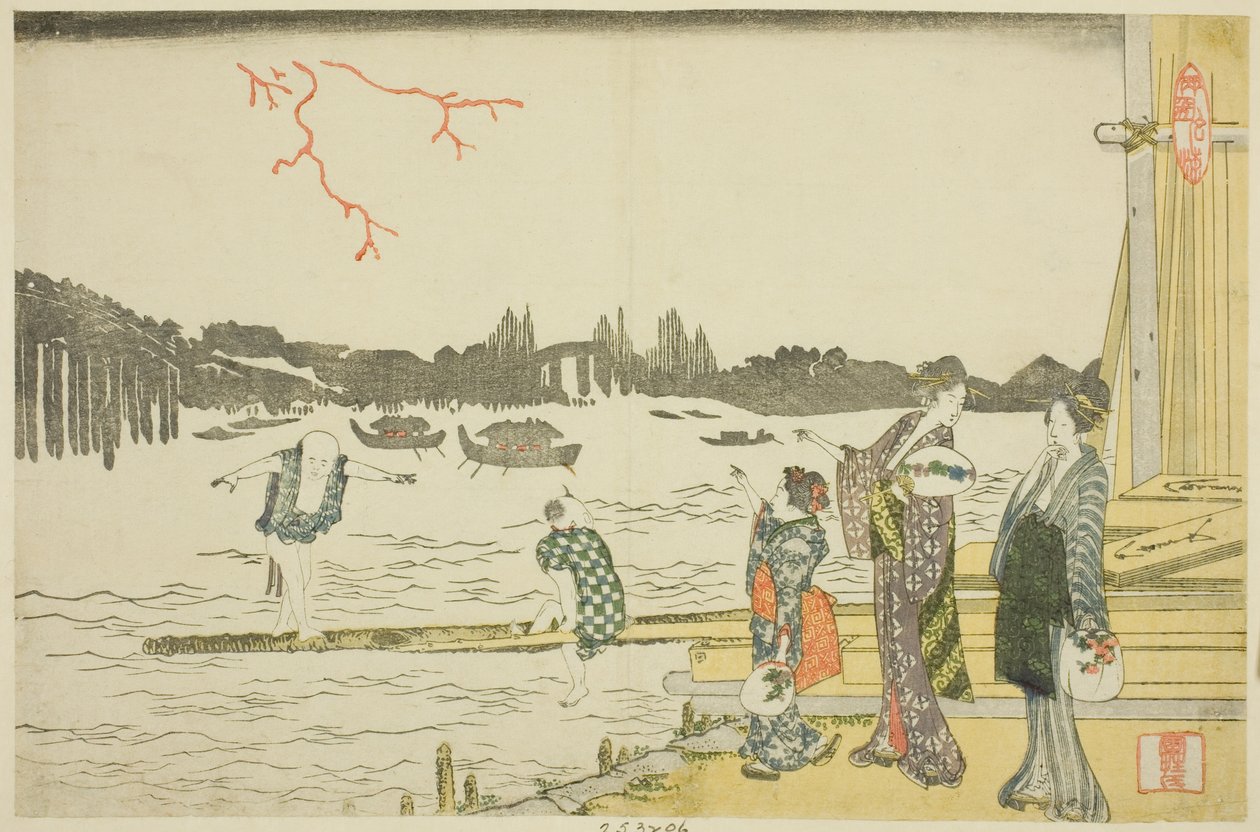 Ženy a děti sledují ohňostroj od Katsushika Hokusai