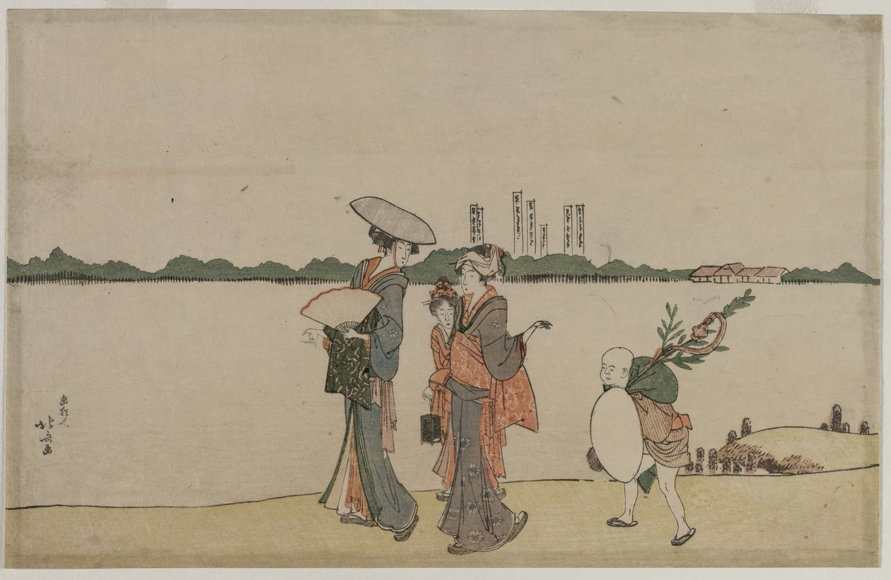 Ženy a děti procházky podél řeky Sumida od Katsushika Hokusai