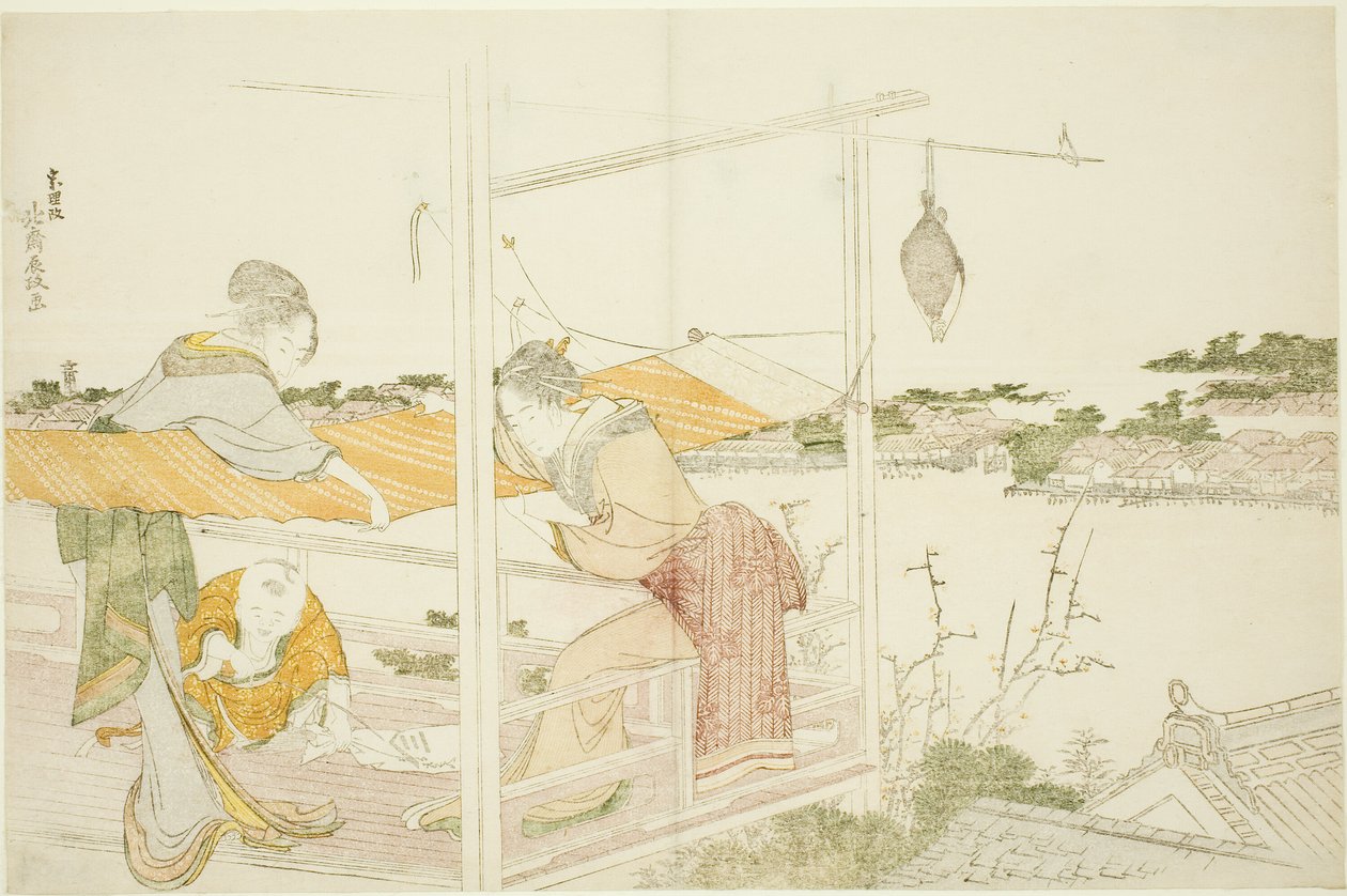 Ženy na verandě natahovací hadřík k sušení od Katsushika Hokusai