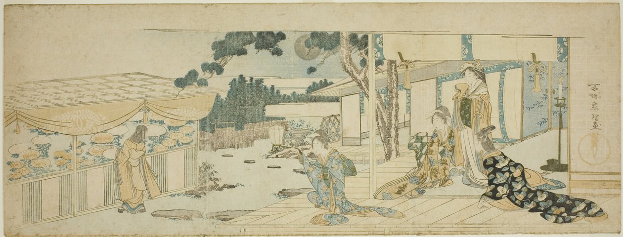 Ženy na verandě se dívají na dívku trhající květiny od Katsushika Hokusai