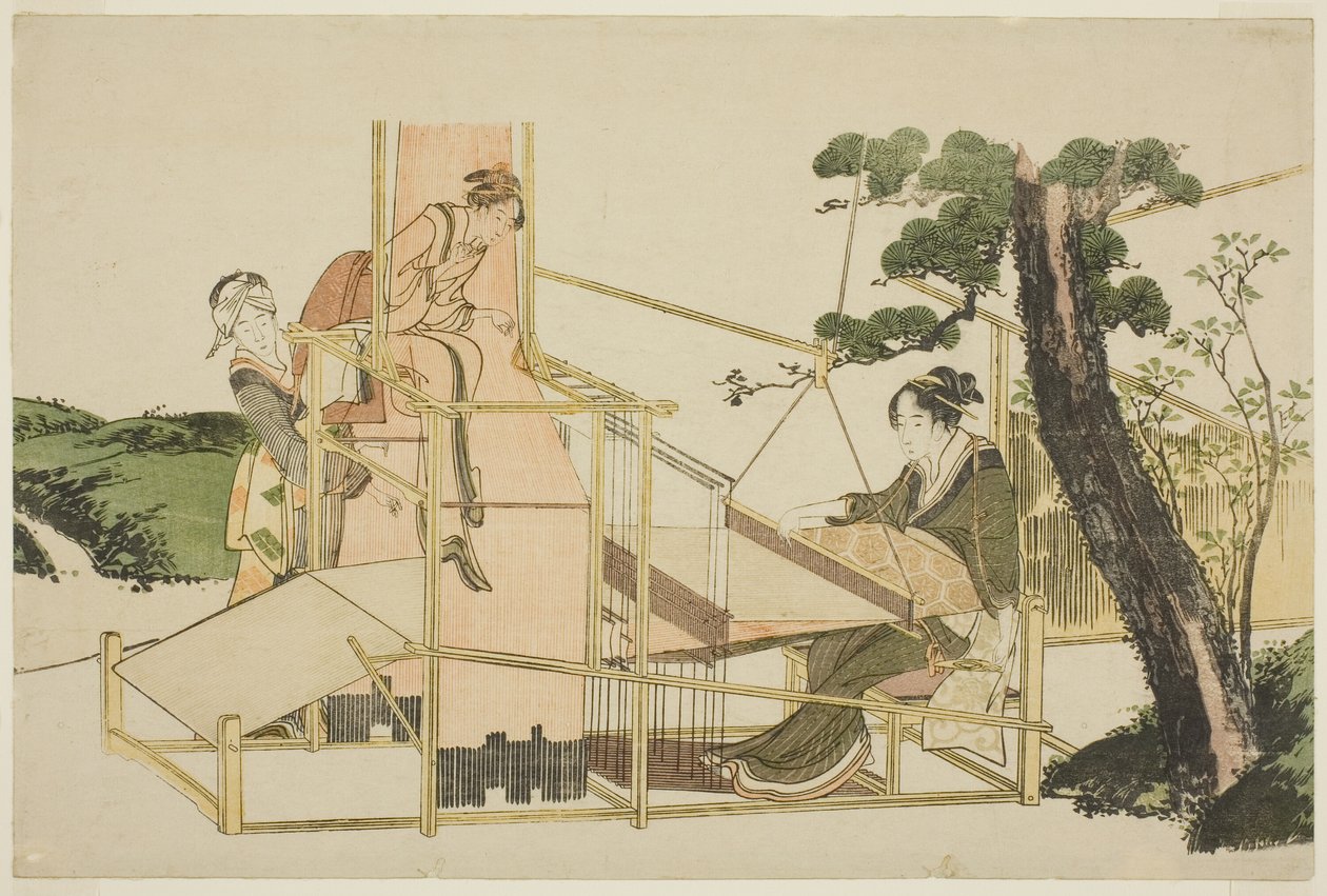Ženy tkaní na stavu od Katsushika Hokusai