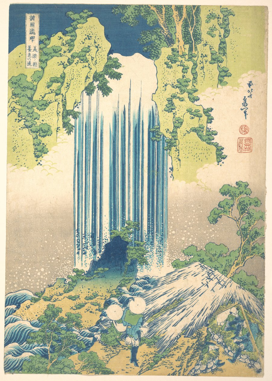 Vodopád Yōrō v provincii Mino (Mino no Yōrō no taki), ze série „Prohlídka vodopádů v různých provinciích“ (Shokoku taki meguri) od Katsushika Hokusai