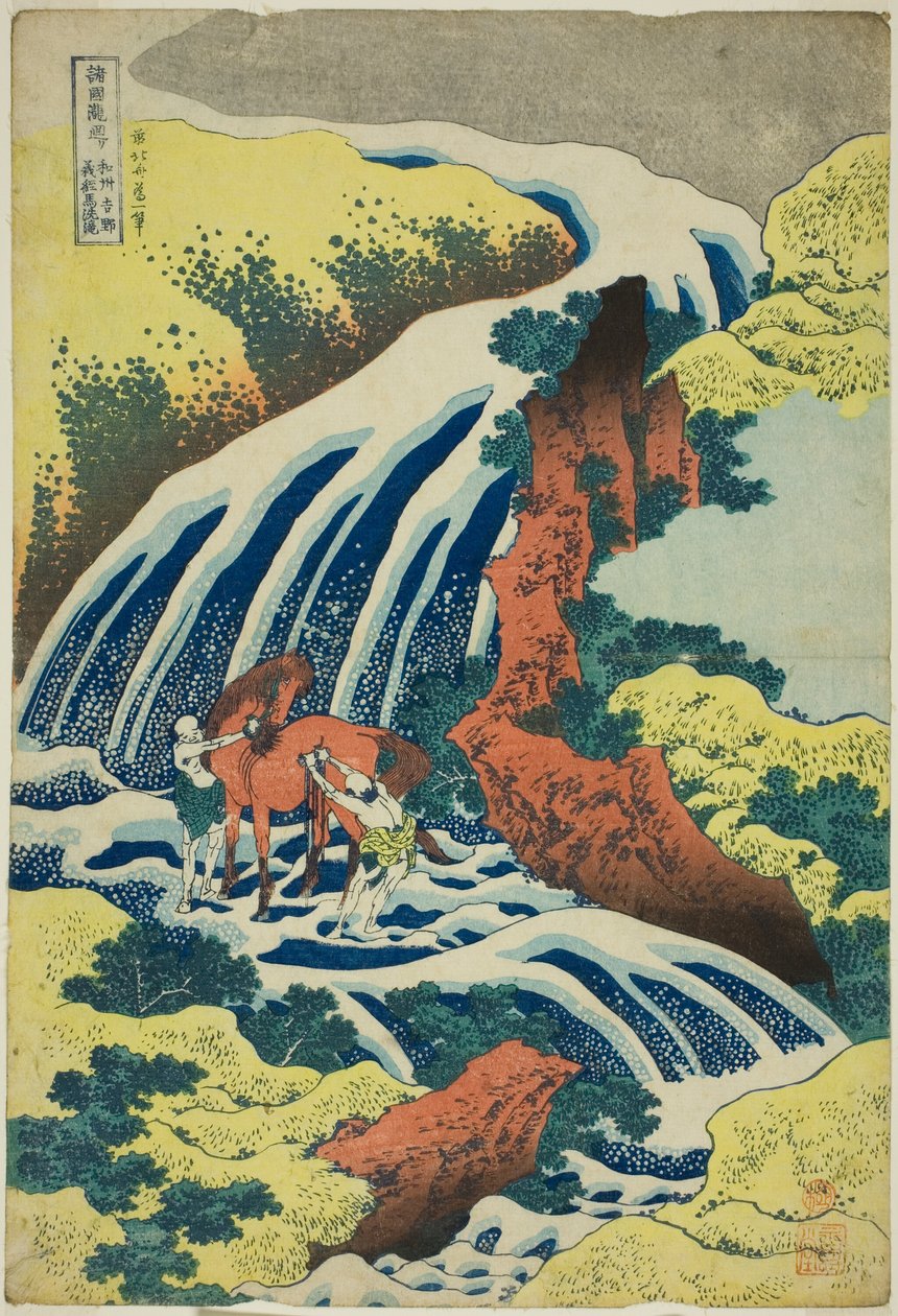 Yoshitsune’s Horse-Washing Falls v Yoshino v provincii Yamato (Washū Yoshino Yoshitsune uma arai no taki), ze série Tour of the Waterfalls in Various Provins (Shokoku taki meguri) od Katsushika Hokusai