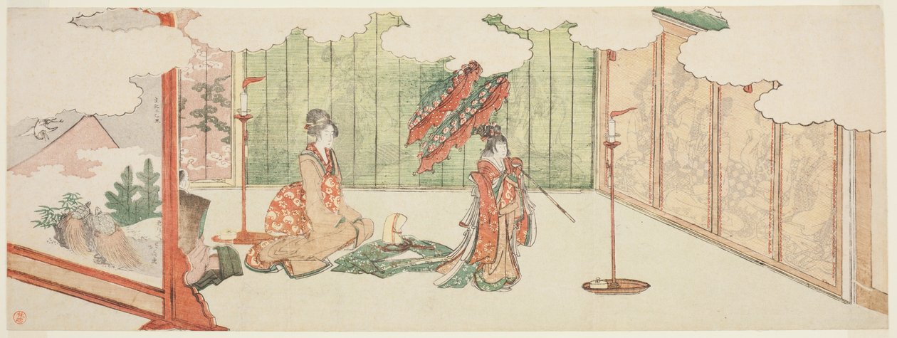 Mladá dívka tančí na šlechtickém sídle od Katsushika Hokusai